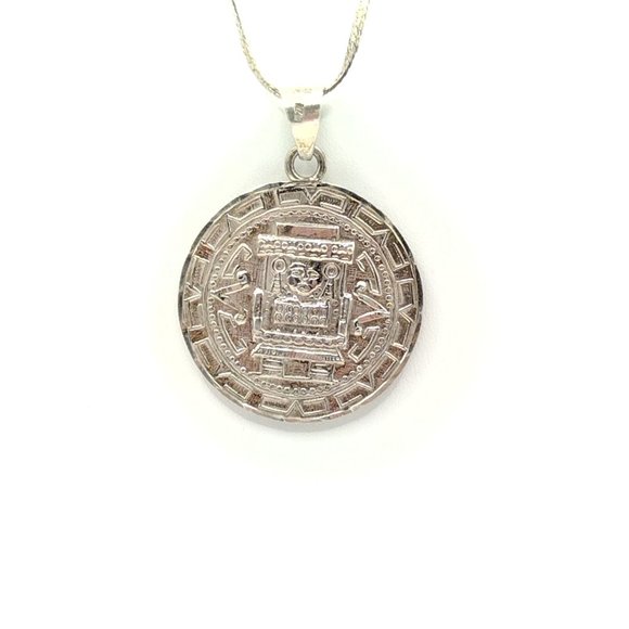 Sterling Silver Aztec Deity Round Pendant Necklace MEXICO STAMPED 17.5" - Picture 1 of 11
